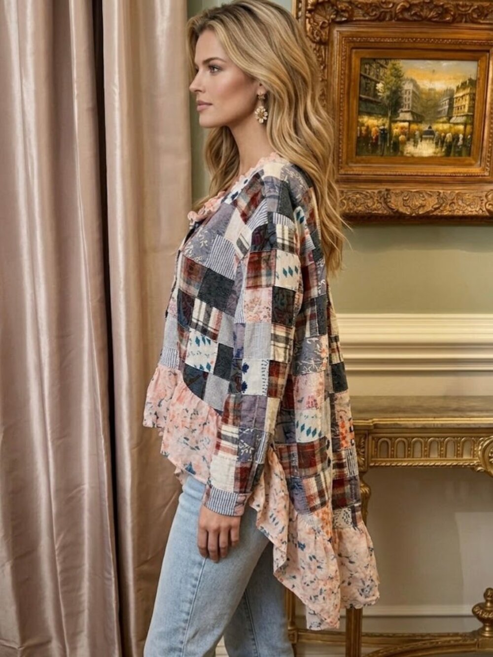 NWOT A Rare Bird Boho Patchwork Ruffled High Low Top Shirt Blouse O/S One Size - Picture 2 of 7
